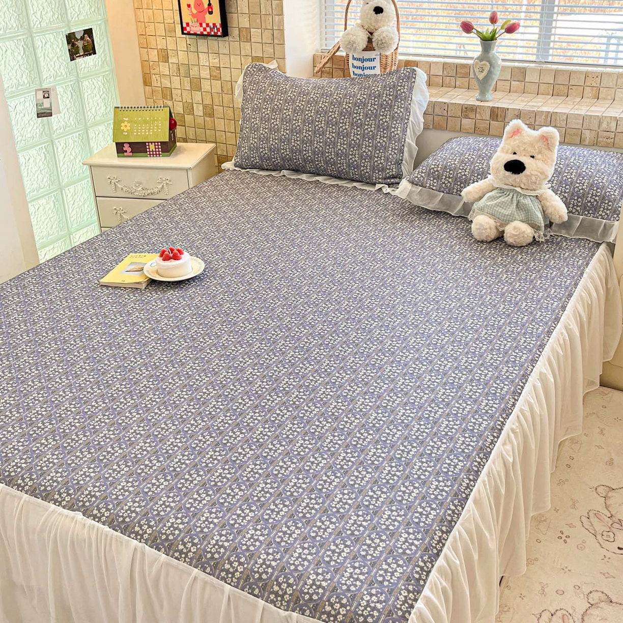 91家纺网 家纺一手货源 找家纺 川悦生活 2026新款雪纺冰丝床裙凉席三件套 床裙西斯花圃