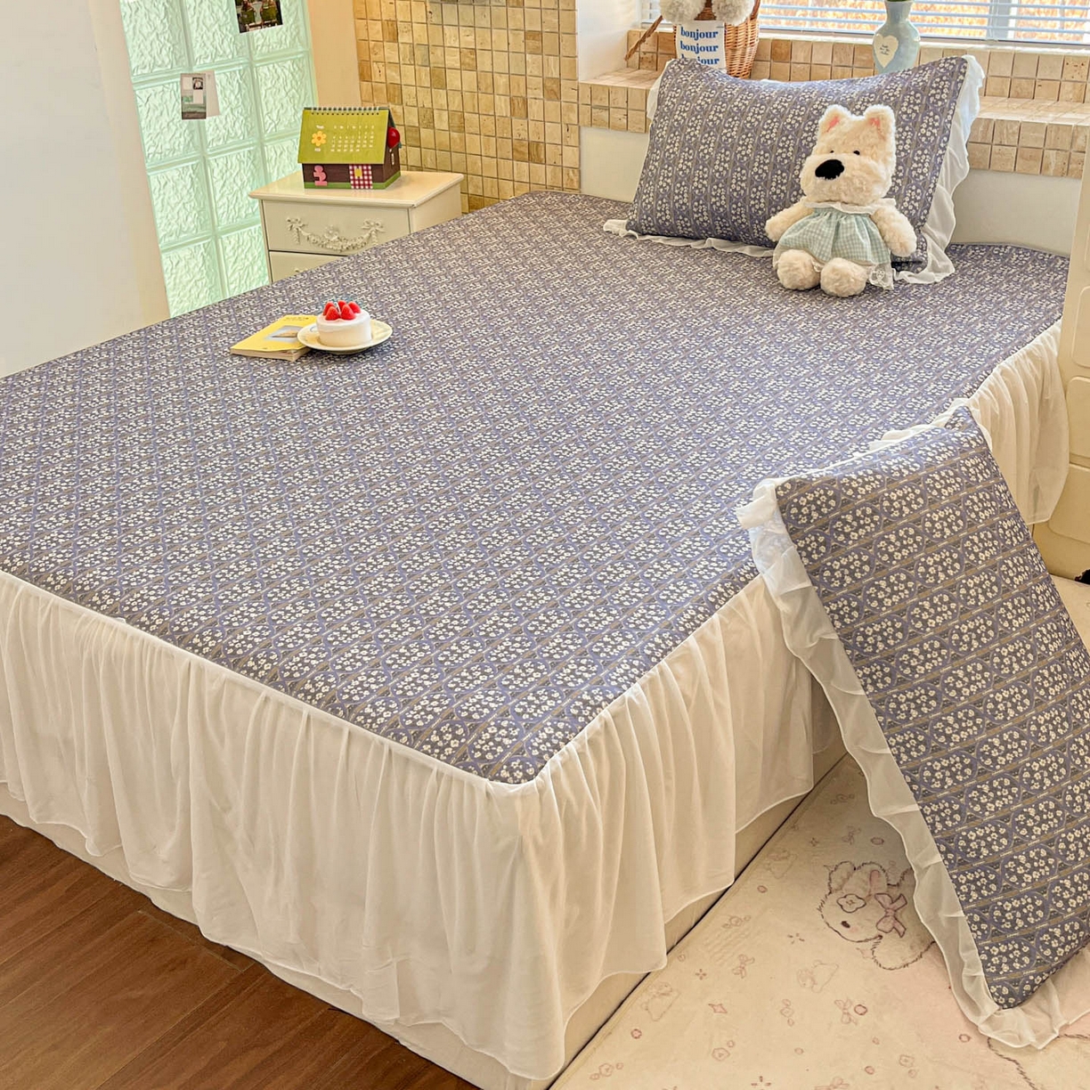 91家纺网 家纺一手货源 找家纺 川悦生活 2026新款雪纺冰丝床裙凉席三件套 床裙西斯花圃