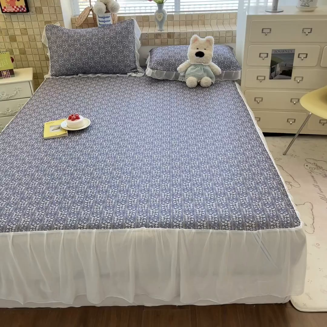 91家纺网 家纺一手货源 找家纺 川悦生活 2026新款雪纺冰丝床裙凉席三件套 床裙西斯花圃