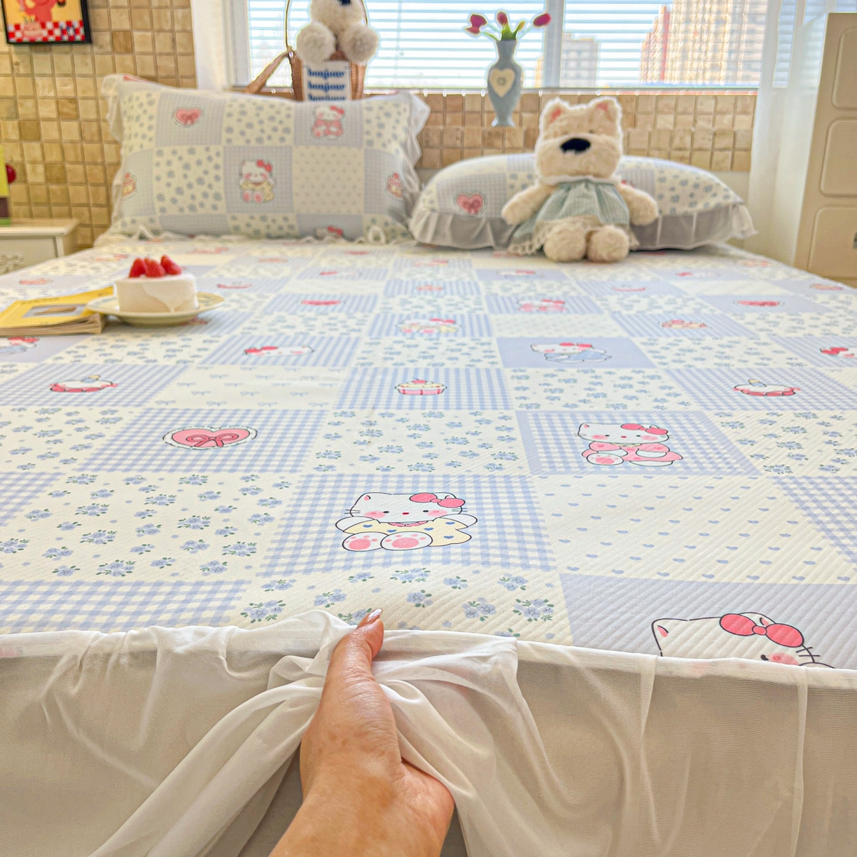 91家纺网 家纺一手货源 找家纺 川悦生活 2026新款雪纺冰丝床裙凉席三件套 床裙小猫庄园