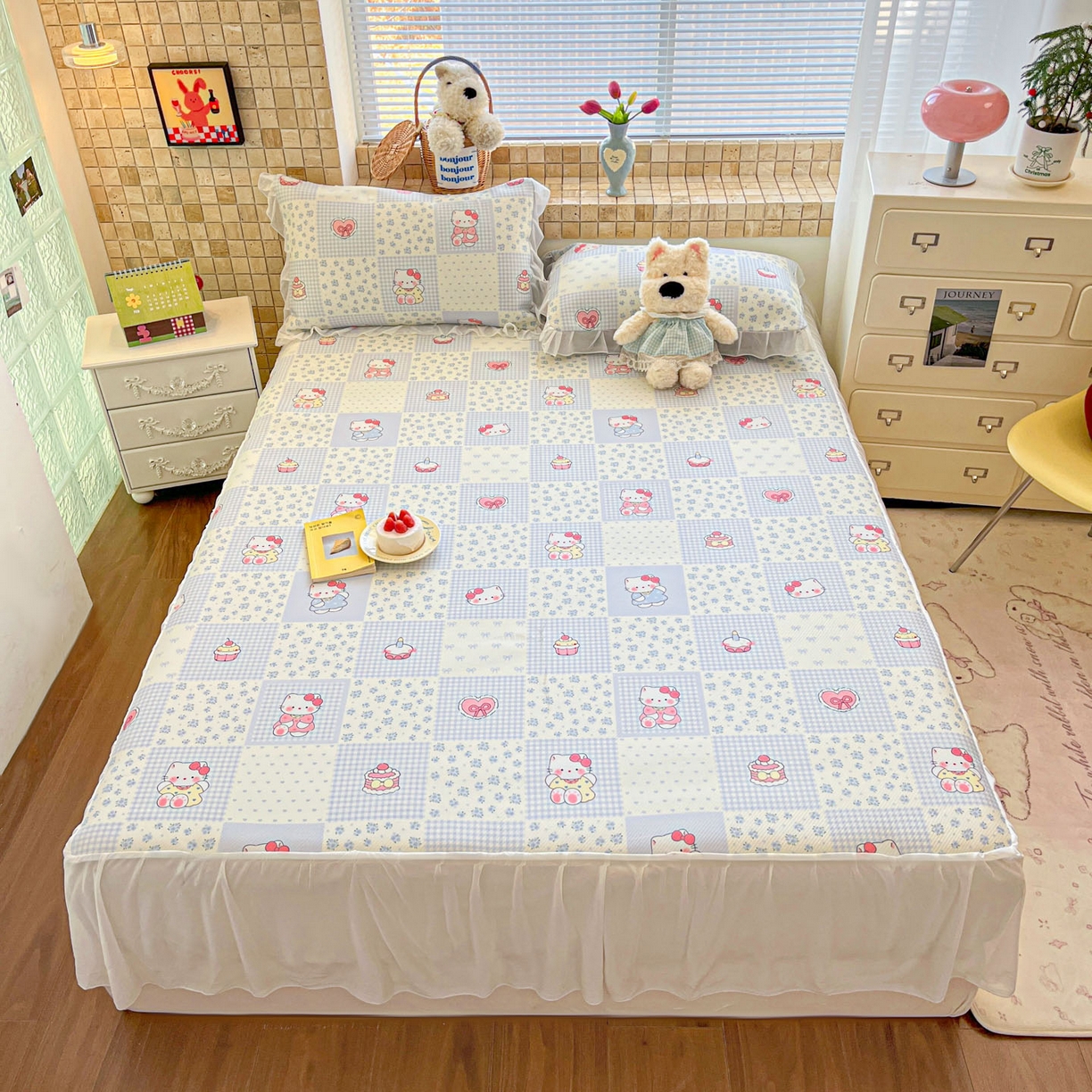 91家纺网 家纺一手货源 找家纺 川悦生活 2026新款雪纺冰丝床裙凉席三件套 床裙小猫庄园