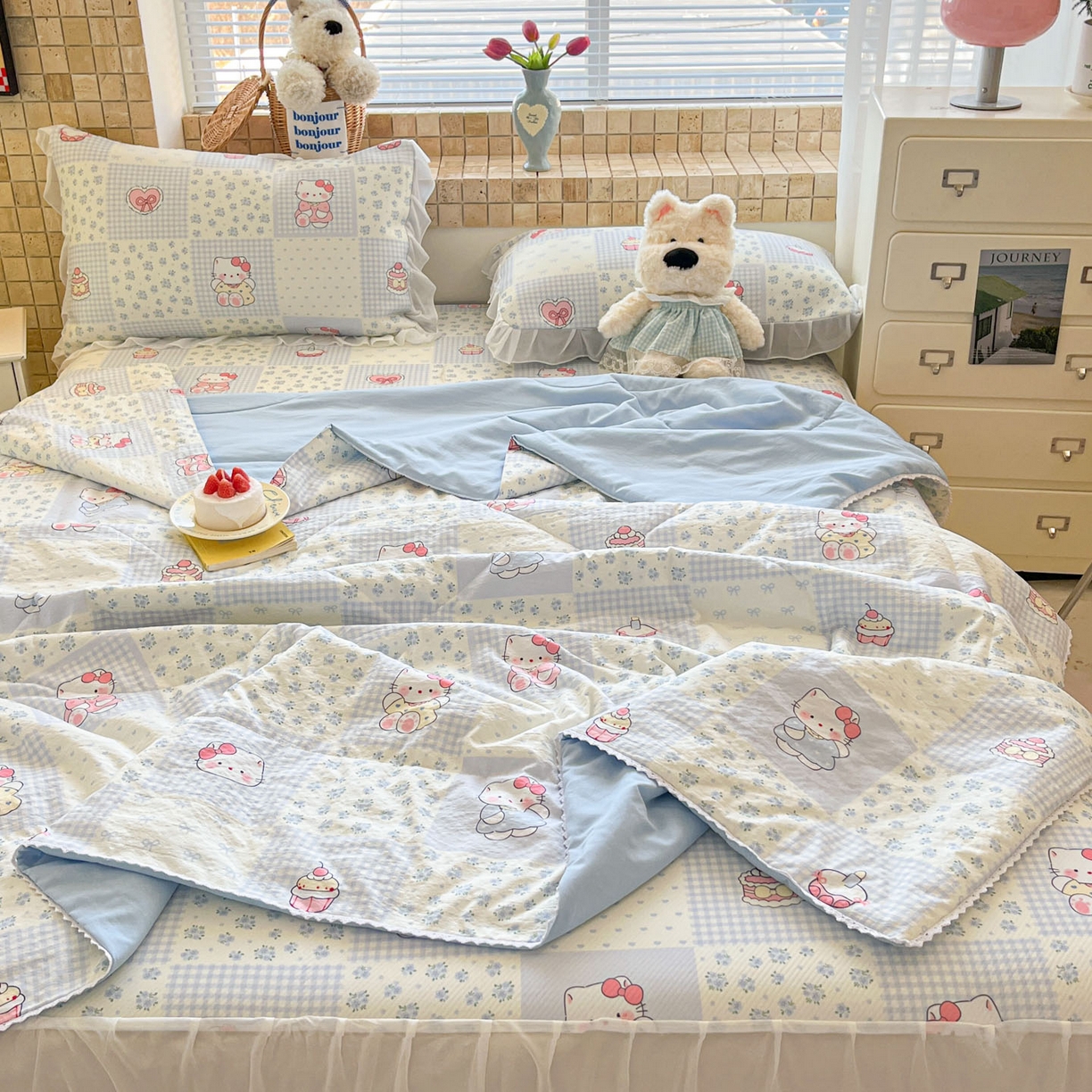 川悦生活 2026新款雪纺冰丝床裙凉席三件套 床裙小猫庄园