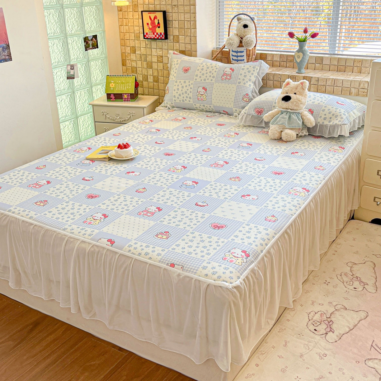 91家纺网 家纺一手货源 找家纺 川悦生活 2026新款雪纺冰丝床裙凉席三件套 床裙小猫庄园