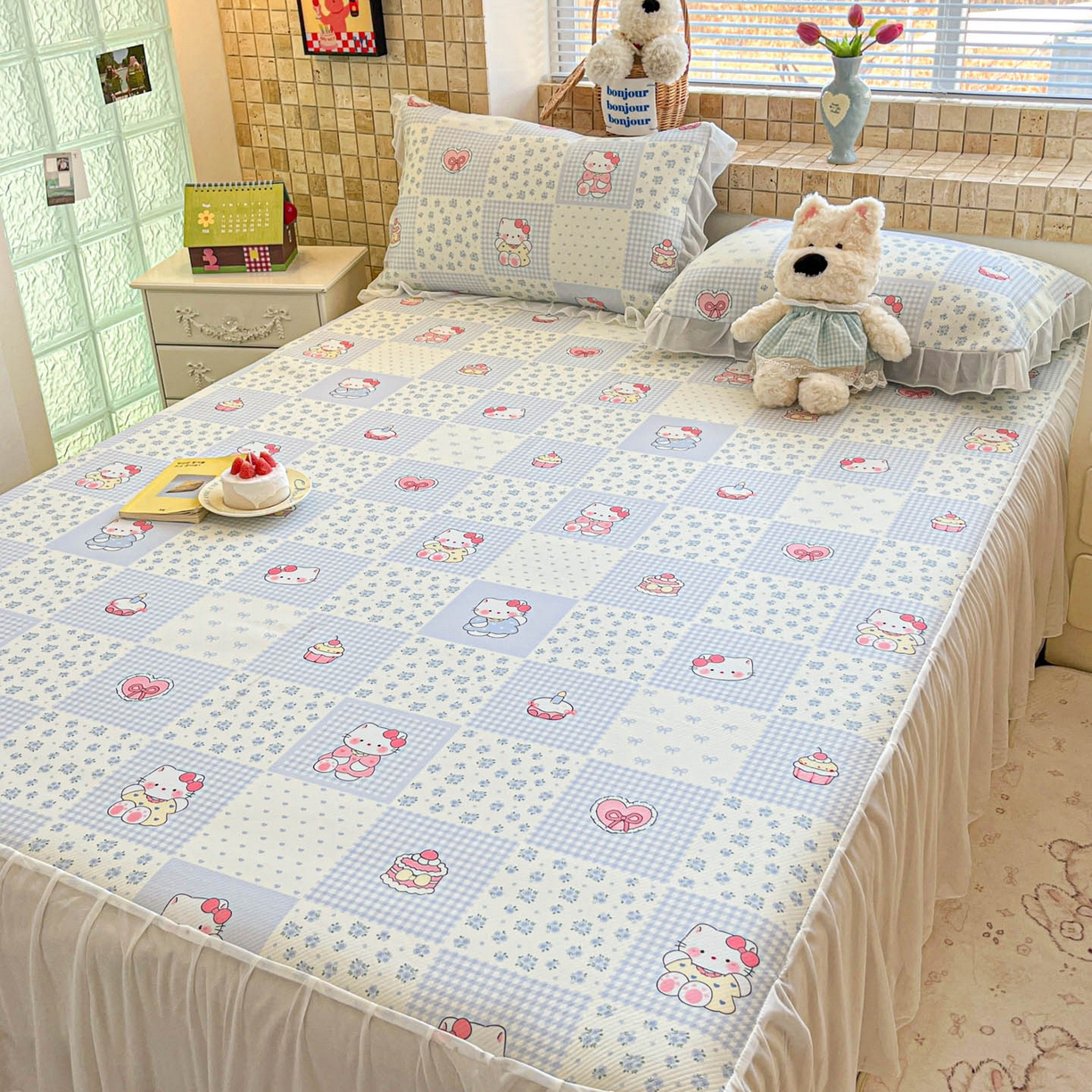 91家纺网 家纺一手货源 找家纺 川悦生活 2026新款雪纺冰丝床裙凉席三件套 床裙小猫庄园