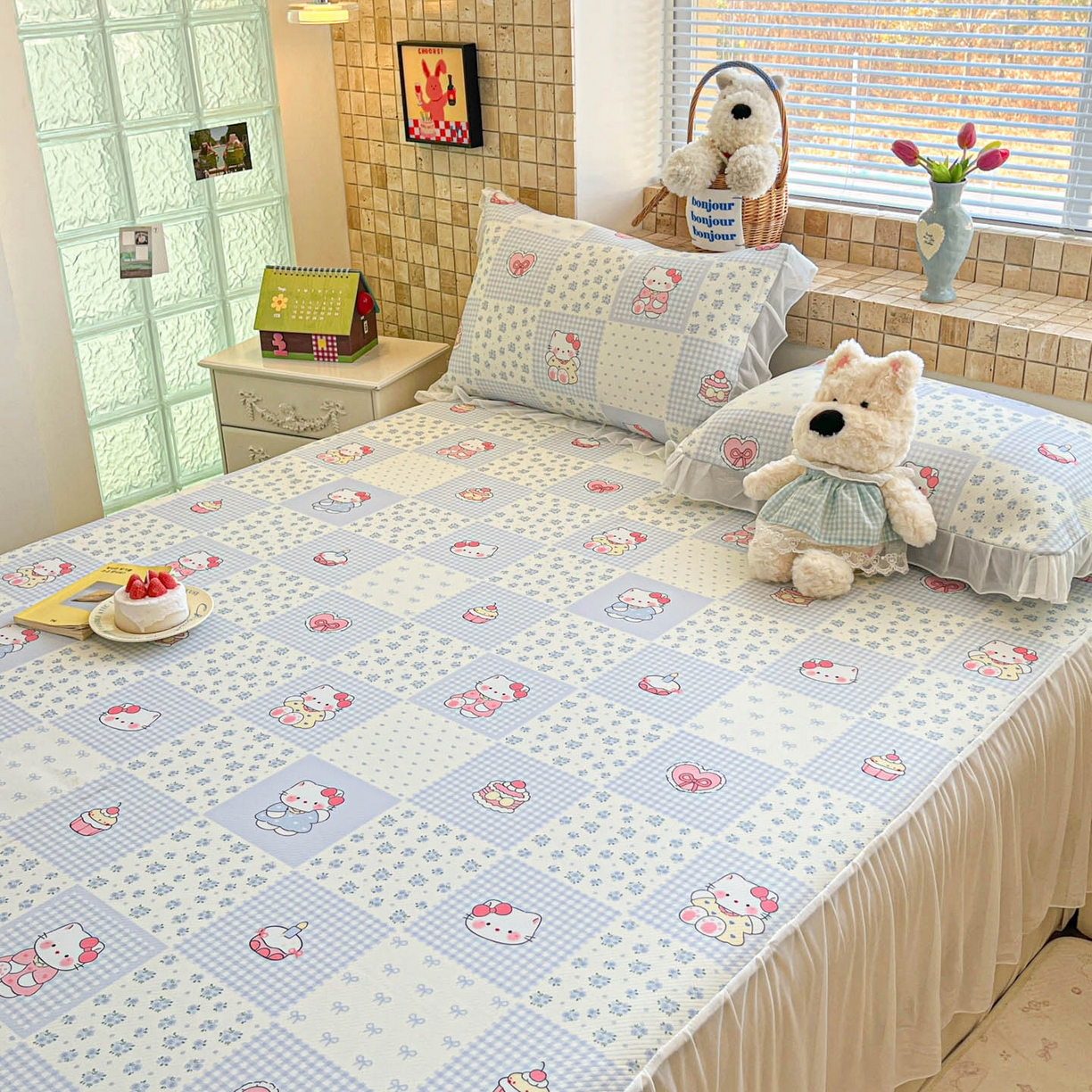 91家纺网 家纺一手货源 找家纺 川悦生活 2026新款雪纺冰丝床裙凉席三件套 床裙小猫庄园