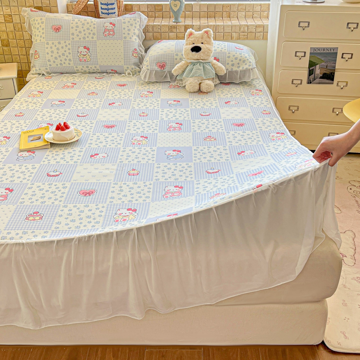 91家纺网 家纺一手货源 找家纺 川悦生活 2026新款雪纺冰丝床裙凉席三件套 床裙小猫庄园