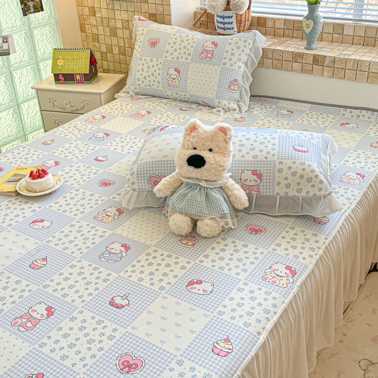 91家纺网 家纺一手货源 找家纺 川悦生活 2026新款雪纺冰丝床裙凉席三件套 床裙小猫庄园