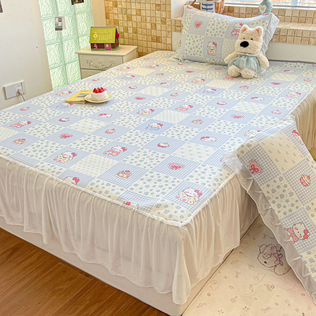 91家纺网 家纺一手货源 找家纺 川悦生活 2026新款雪纺冰丝床裙凉席三件套 床裙小猫庄园