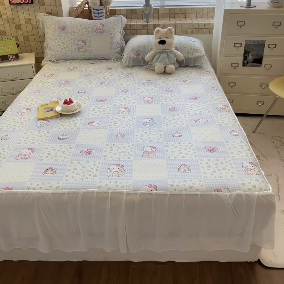 91家纺网 家纺一手货源 找家纺 川悦生活 2026新款雪纺冰丝床裙凉席三件套 床裙小猫庄园