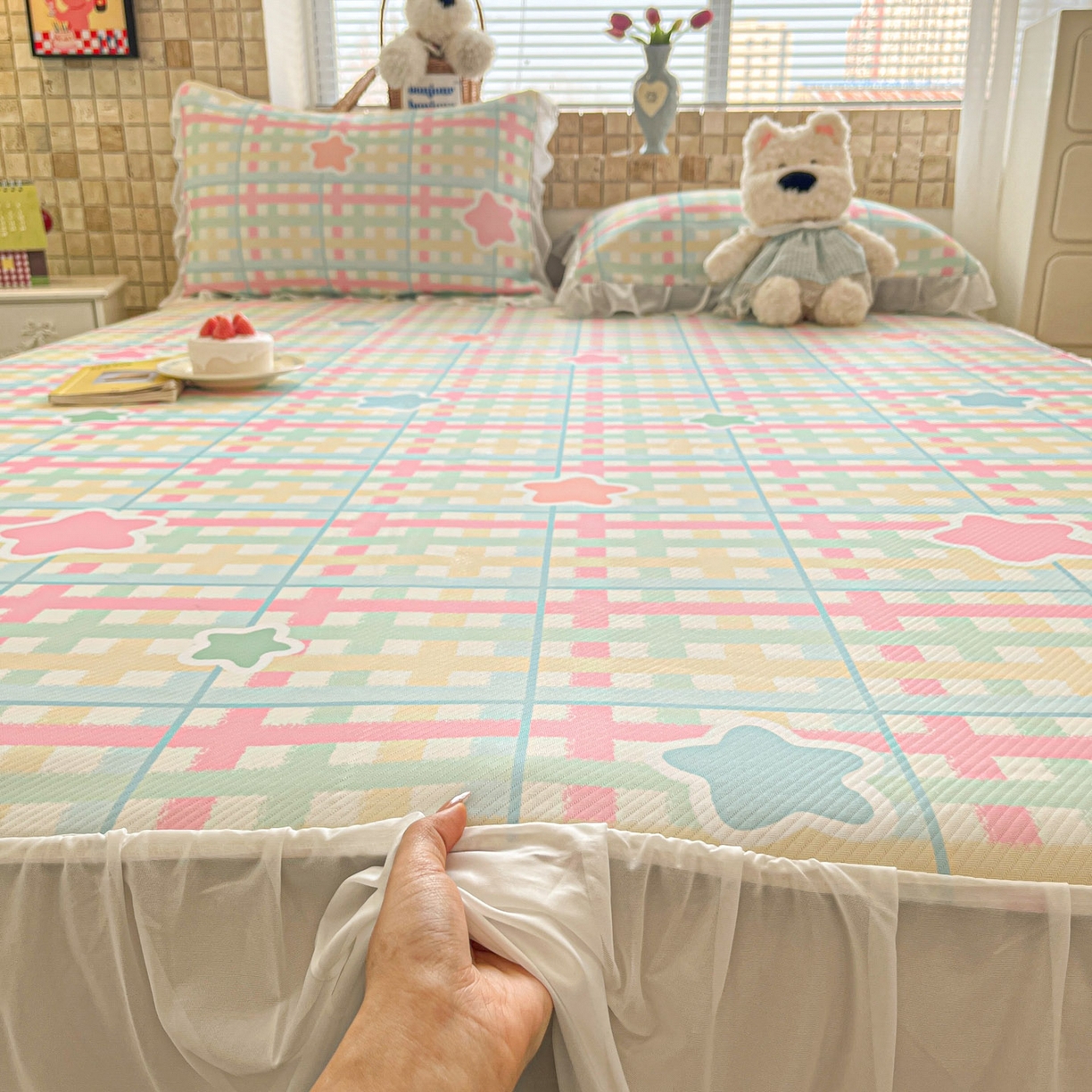 91家纺网 家纺一手货源 找家纺 川悦生活 2026新款雪纺冰丝床裙凉席三件套 床裙杏仁小星星