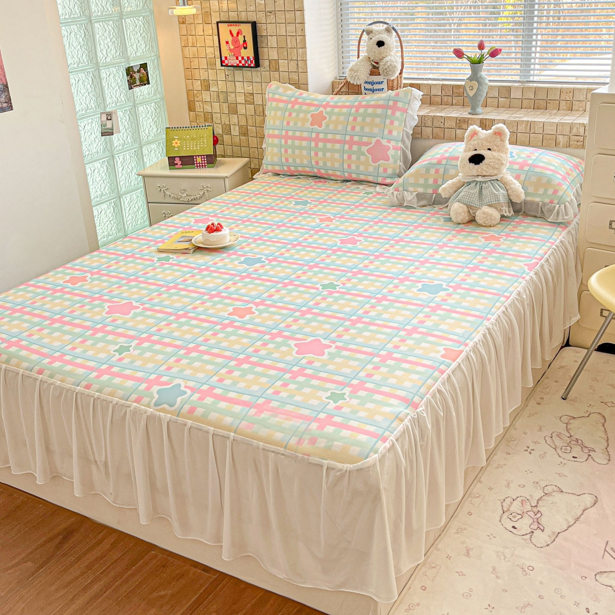 91家纺网 家纺一手货源 找家纺 川悦生活 2026新款雪纺冰丝床裙凉席三件套 床裙杏仁小星星