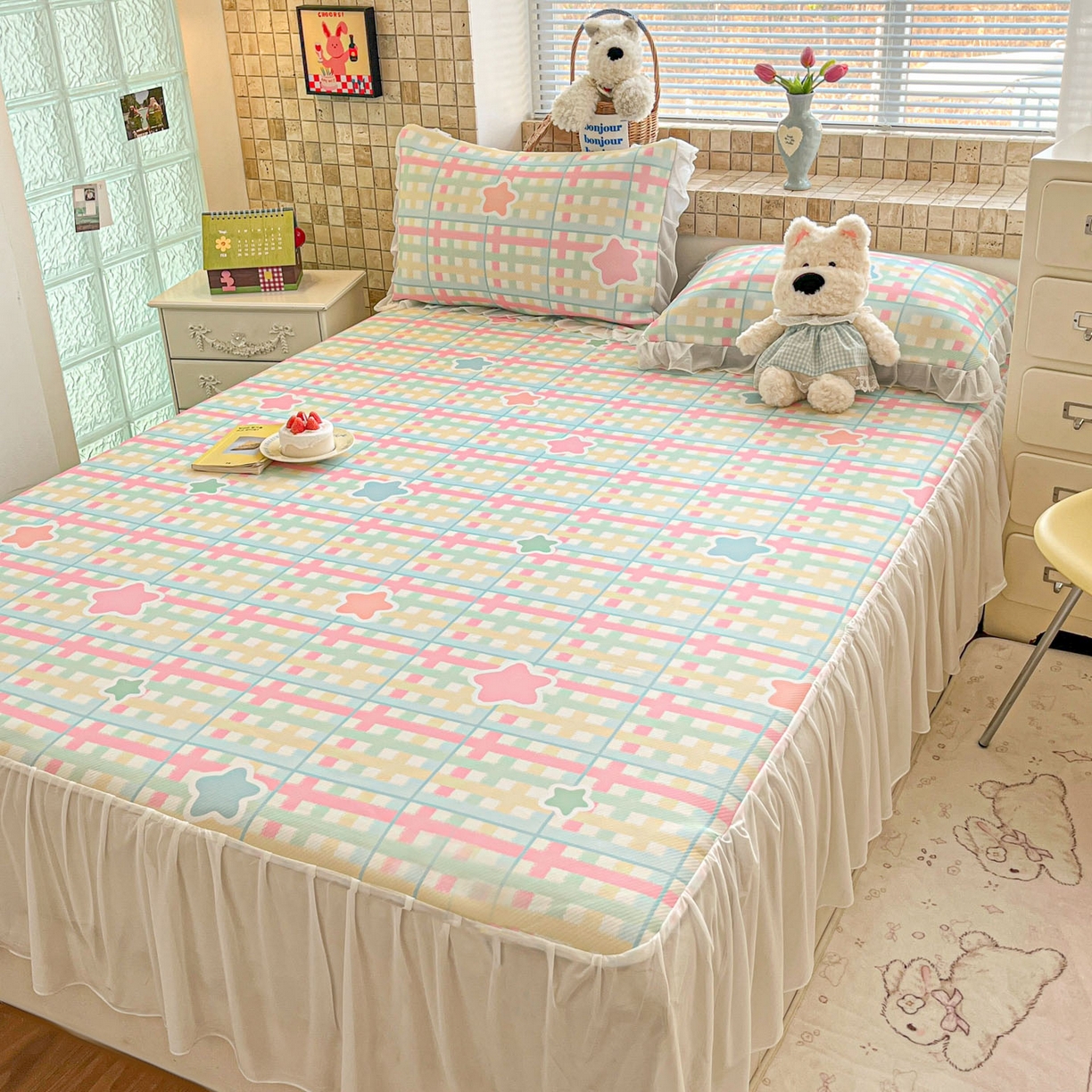 91家纺网 家纺一手货源 找家纺 川悦生活 2026新款雪纺冰丝床裙凉席三件套 床裙杏仁小星星