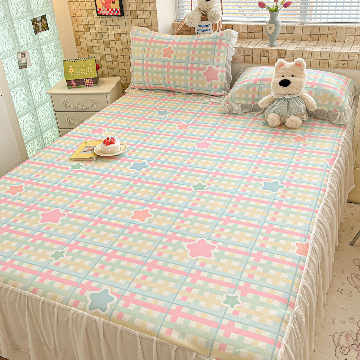 91家纺网 家纺一手货源 找家纺 川悦生活 2026新款雪纺冰丝床裙凉席三件套 床裙杏仁小星星