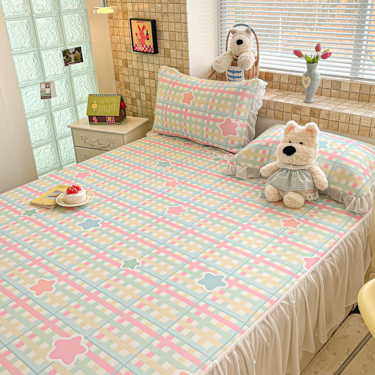 91家纺网 家纺一手货源 找家纺 川悦生活 2026新款雪纺冰丝床裙凉席三件套 床裙杏仁小星星