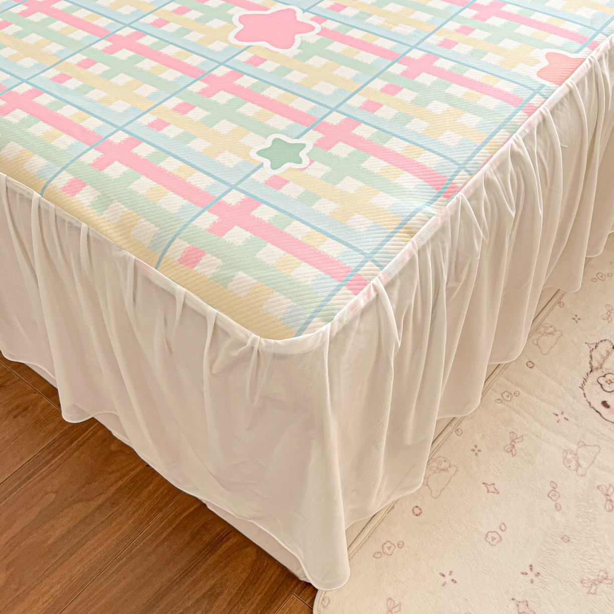 91家纺网 家纺一手货源 找家纺 川悦生活 2026新款雪纺冰丝床裙凉席三件套 床裙杏仁小星星