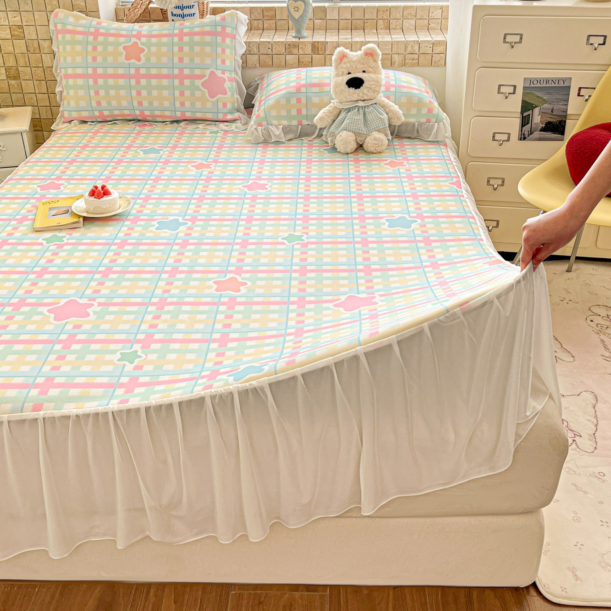 91家纺网 家纺一手货源 找家纺 川悦生活 2026新款雪纺冰丝床裙凉席三件套 床裙杏仁小星星