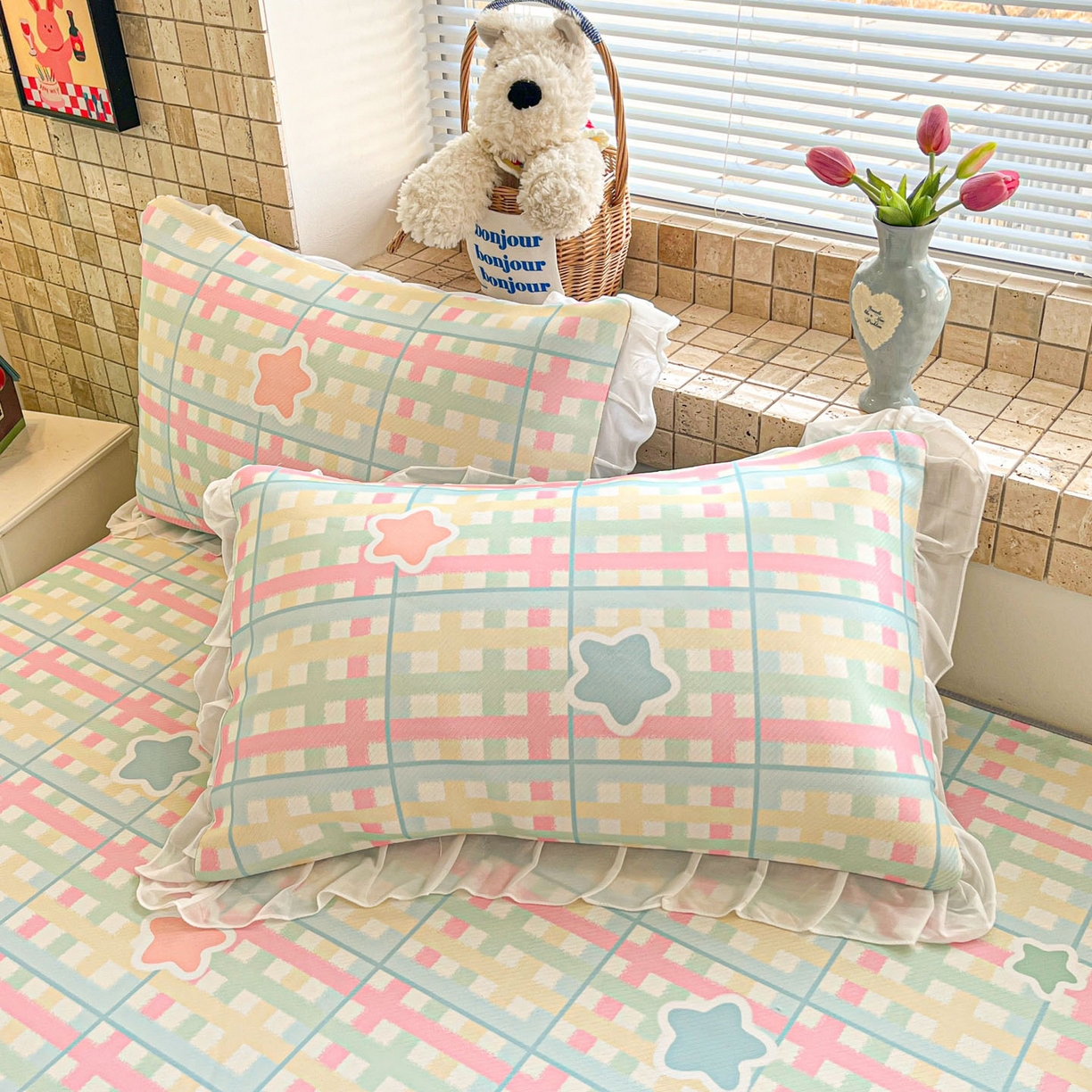 91家纺网 家纺一手货源 找家纺 川悦生活 2026新款雪纺冰丝床裙凉席三件套 床裙杏仁小星星