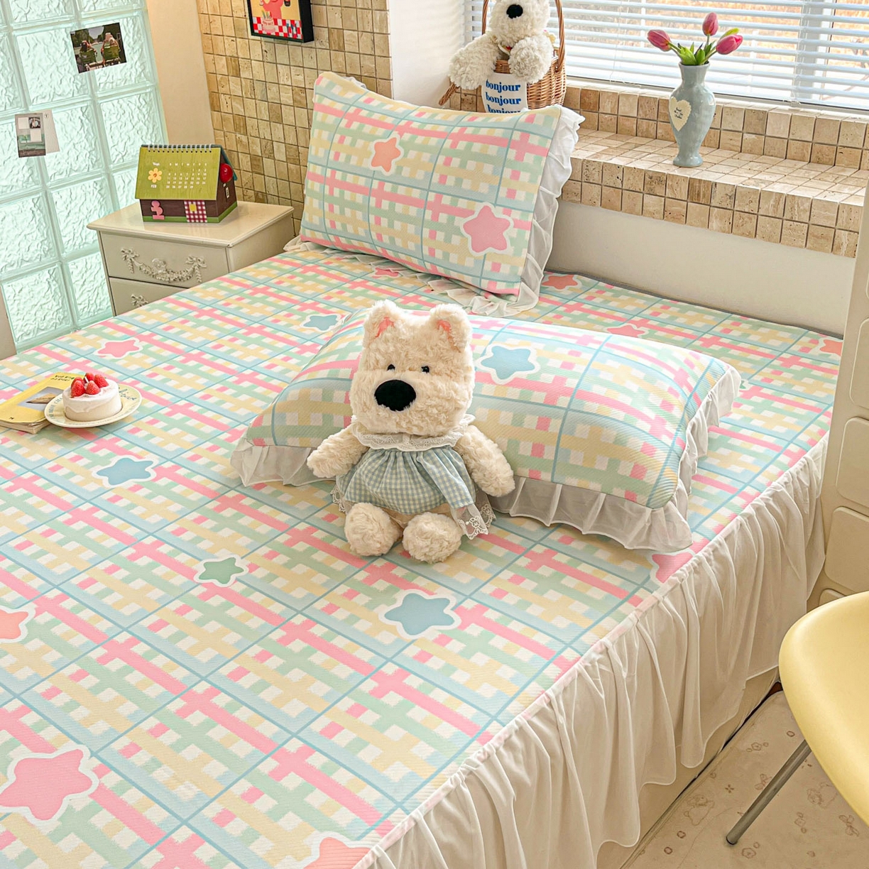 91家纺网 家纺一手货源 找家纺 川悦生活 2026新款雪纺冰丝床裙凉席三件套 床裙杏仁小星星