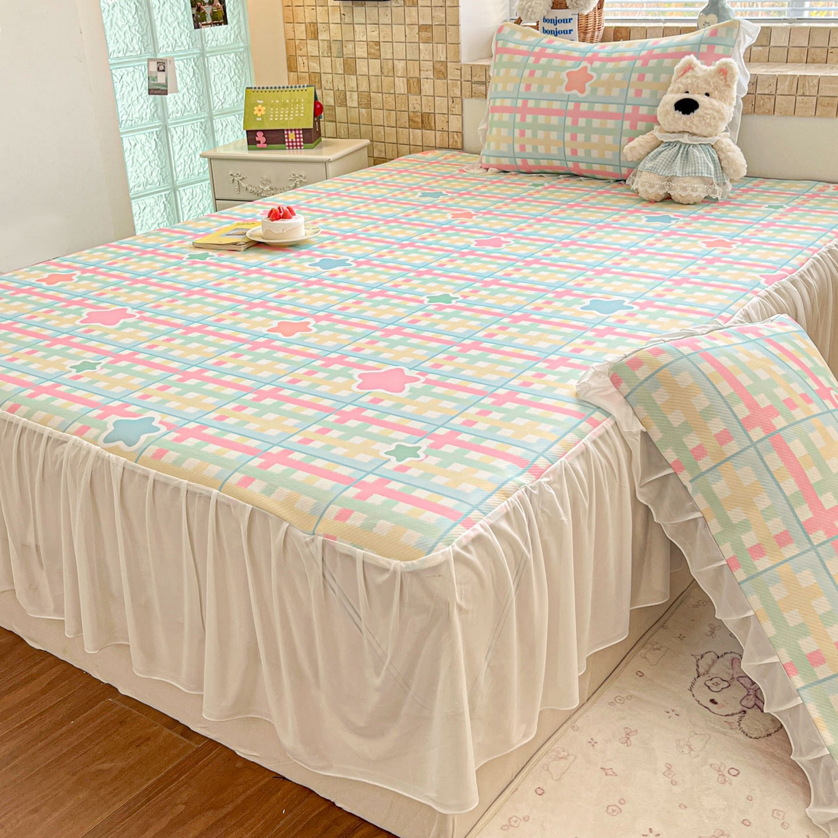 91家纺网 家纺一手货源 找家纺 川悦生活 2026新款雪纺冰丝床裙凉席三件套 床裙杏仁小星星