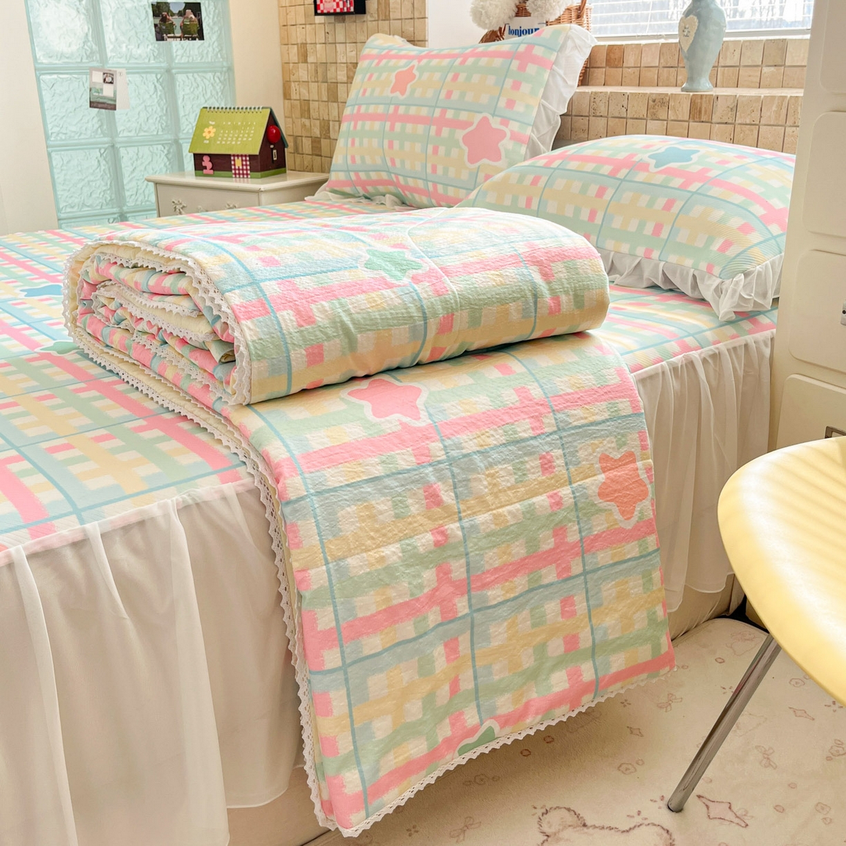 91家纺网 家纺一手货源 找家纺 川悦生活 2026新款雪纺冰丝床裙凉席三件套 床裙杏仁小星星