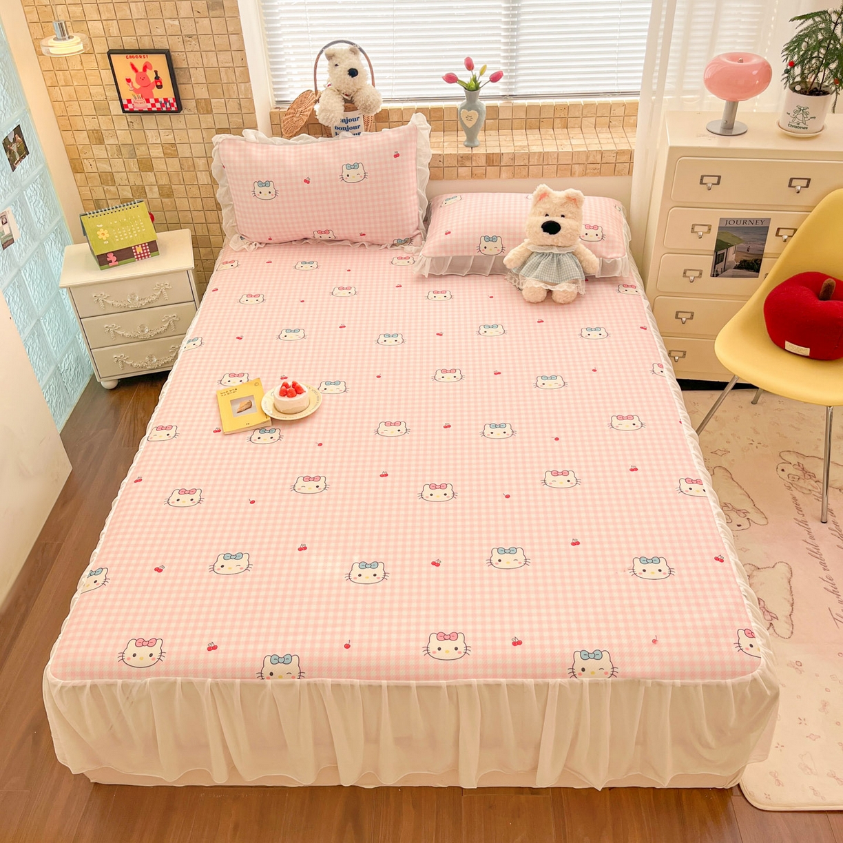 91家纺网 家纺一手货源 找家纺 川悦生活 2026新款雪纺冰丝床裙凉席三件套 床裙樱桃小奶喵