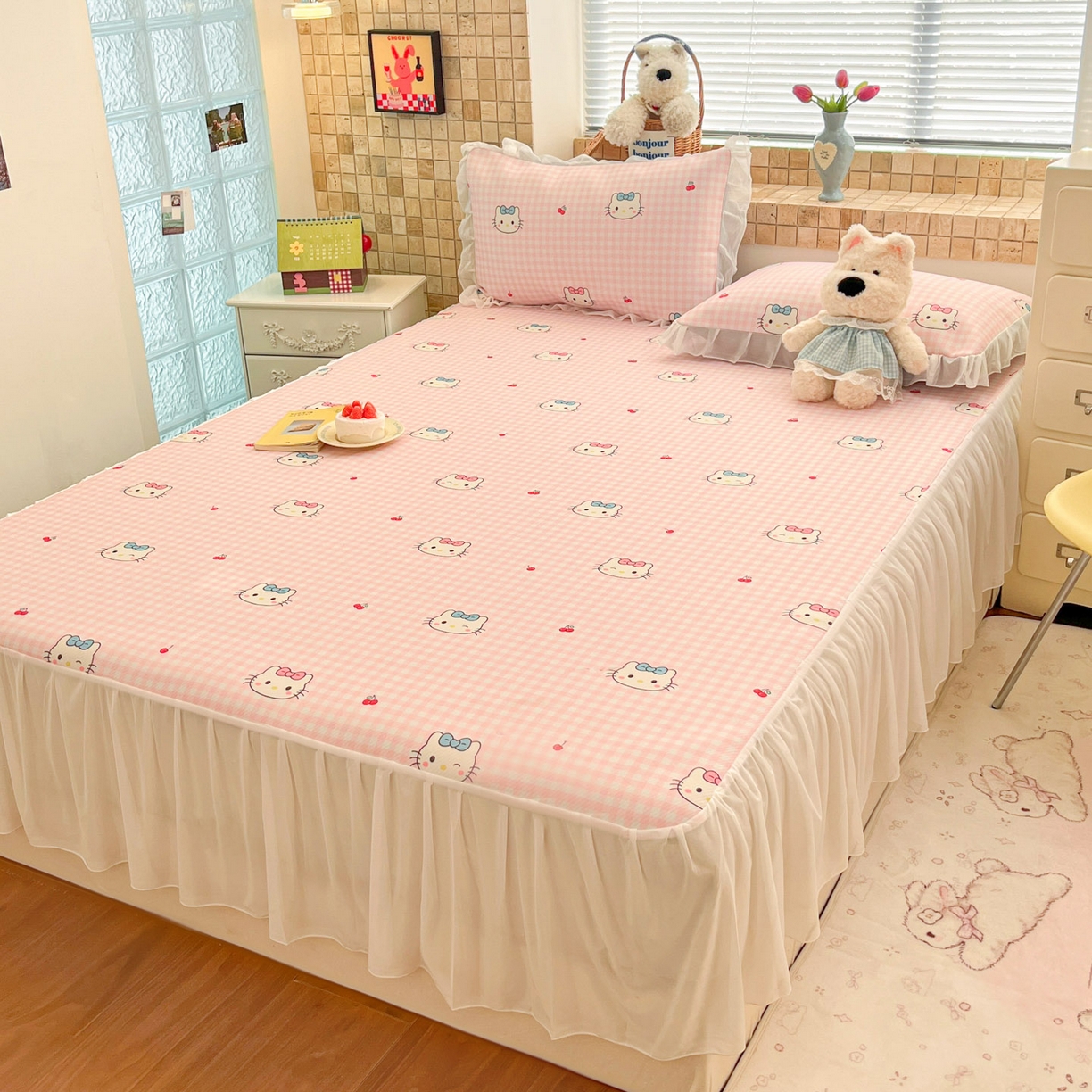 91家纺网 家纺一手货源 找家纺 川悦生活 2026新款雪纺冰丝床裙凉席三件套 床裙樱桃小奶喵