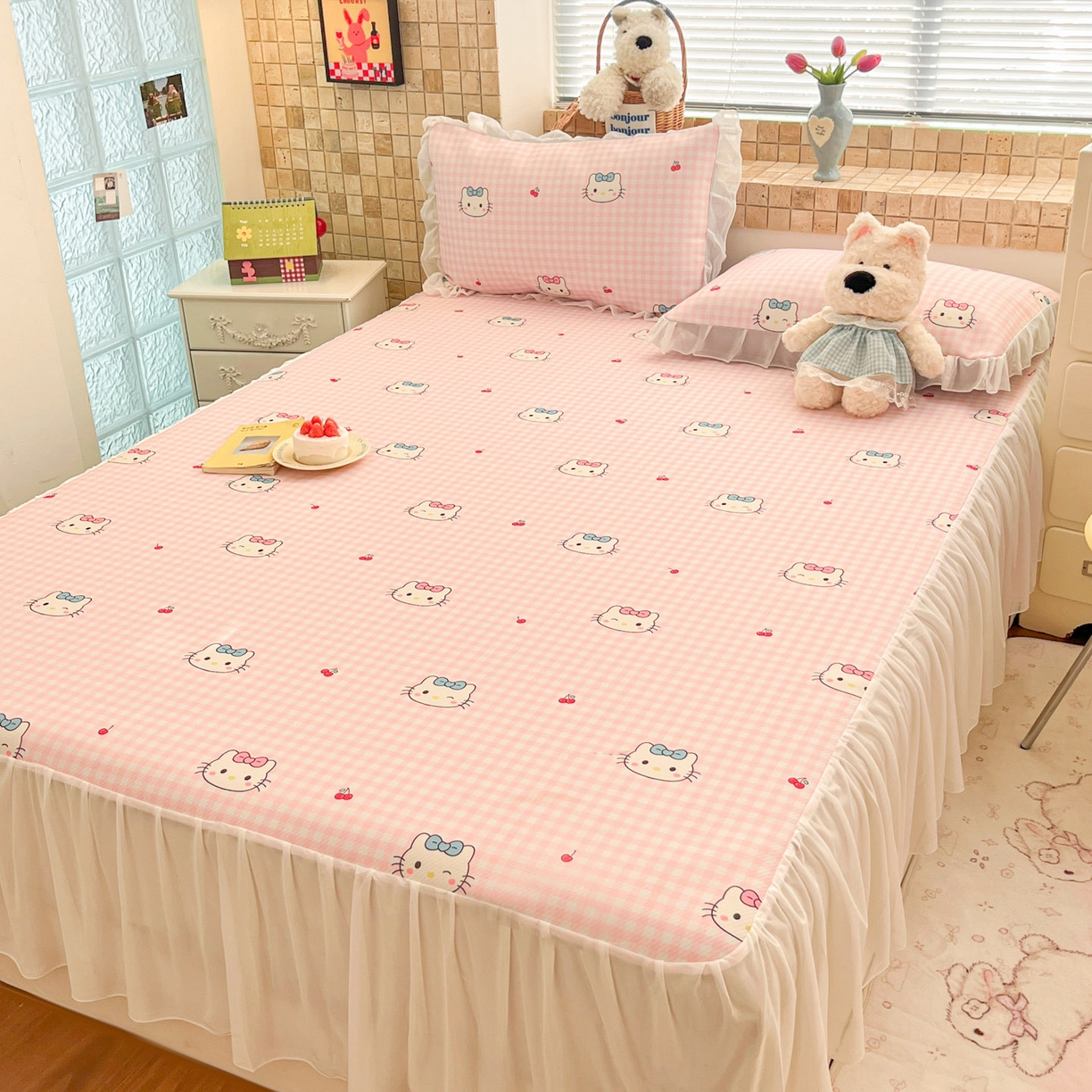 91家纺网 家纺一手货源 找家纺 川悦生活 2026新款雪纺冰丝床裙凉席三件套 床裙樱桃小奶喵