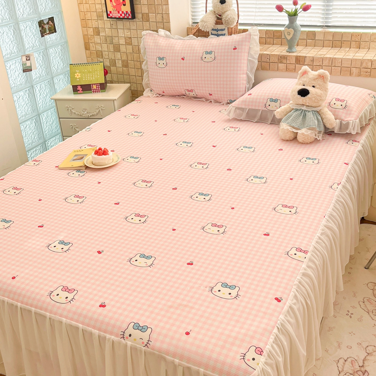 91家纺网 家纺一手货源 找家纺 川悦生活 2026新款雪纺冰丝床裙凉席三件套 床裙樱桃小奶喵