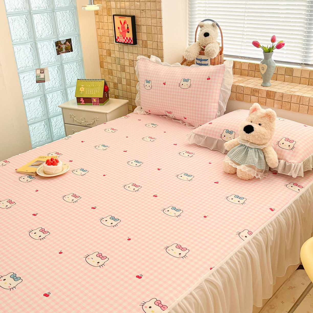 91家纺网 家纺一手货源 找家纺 川悦生活 2026新款雪纺冰丝床裙凉席三件套 床裙樱桃小奶喵