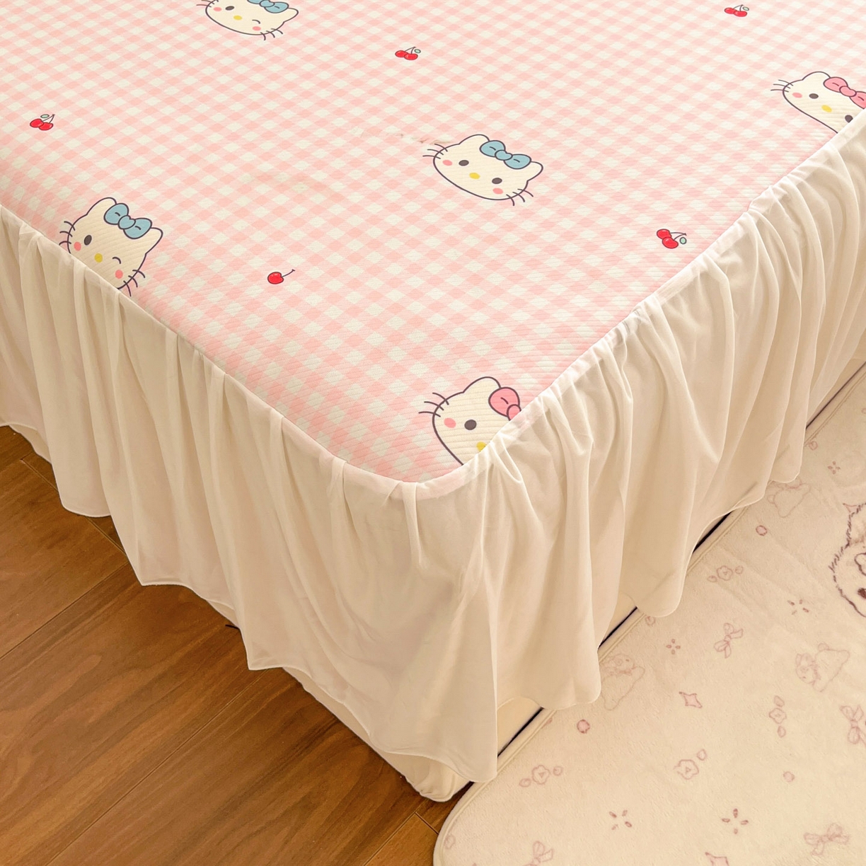 91家纺网 家纺一手货源 找家纺 川悦生活 2026新款雪纺冰丝床裙凉席三件套 床裙樱桃小奶喵