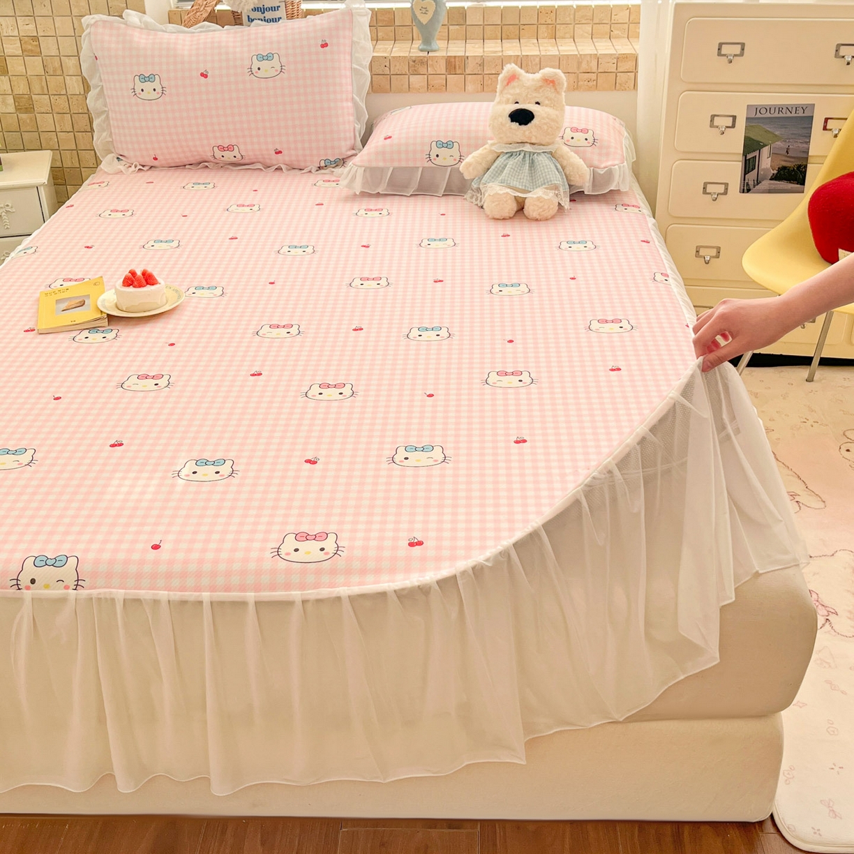 91家纺网 家纺一手货源 找家纺 川悦生活 2026新款雪纺冰丝床裙凉席三件套 床裙樱桃小奶喵