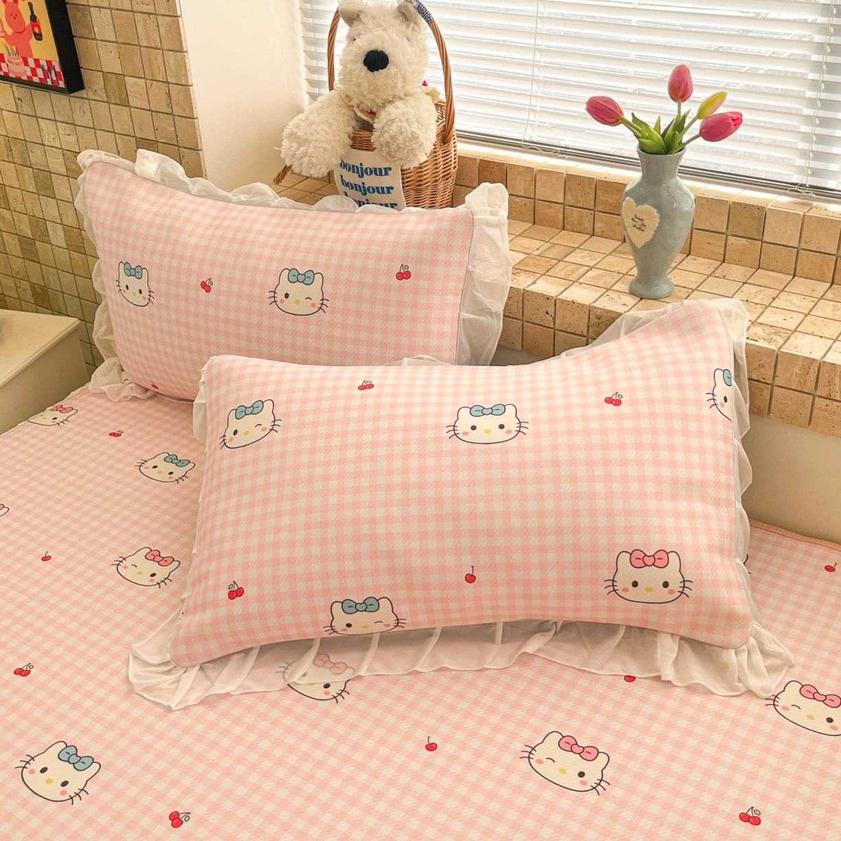 91家纺网 家纺一手货源 找家纺 川悦生活 2026新款雪纺冰丝床裙凉席三件套 床裙樱桃小奶喵