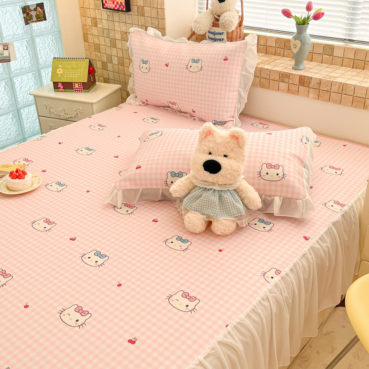 91家纺网 家纺一手货源 找家纺 川悦生活 2026新款雪纺冰丝床裙凉席三件套 床裙樱桃小奶喵