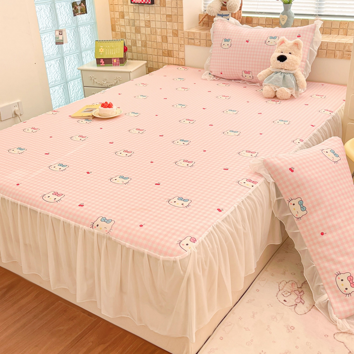 91家纺网 家纺一手货源 找家纺 川悦生活 2026新款雪纺冰丝床裙凉席三件套 床裙樱桃小奶喵