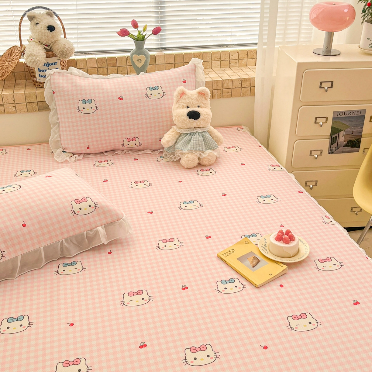 91家纺网 家纺一手货源 找家纺 川悦生活 2026新款雪纺冰丝床裙凉席三件套 床裙樱桃小奶喵