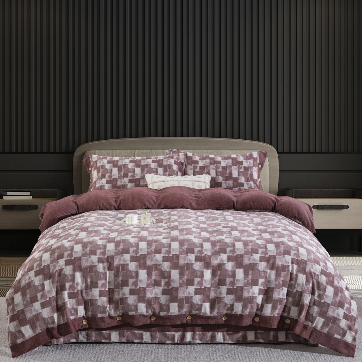 91家纺网 家纺一手货源 找家纺 （总）双层纱家居 2026新款全棉色织提花纽扣款四件套