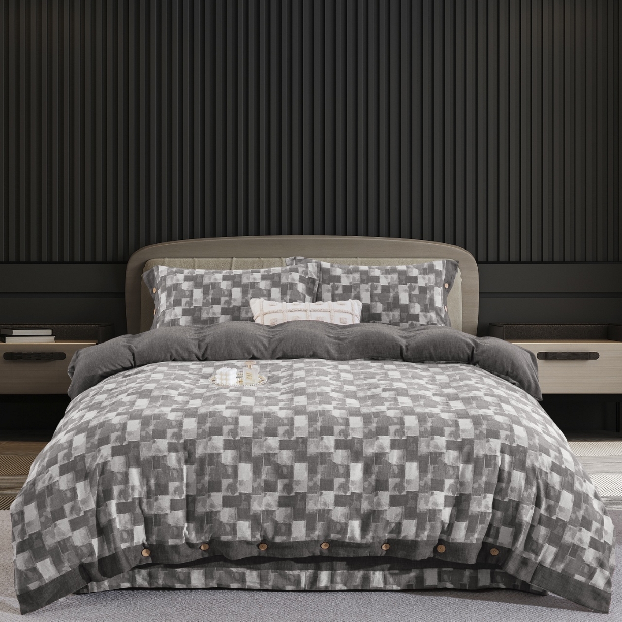 91家纺网 家纺一手货源 找家纺 （总）双层纱家居 2026新款全棉色织提花纽扣款四件套