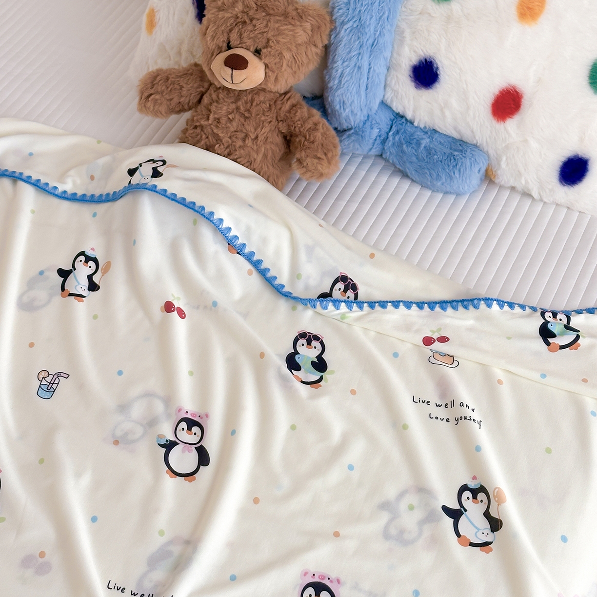 91家纺网 家纺一手货源 找家纺 嗨生活 2026新款贝壳边婴儿裸睡级凉感针织毯幼儿园夏被儿童夏被毯子盖毯午睡毯旅行毯夏凉 奇趣企鹅