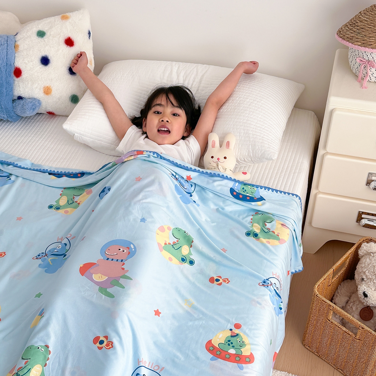 91家纺网 家纺一手货源 找家纺 嗨生活 2026新款贝壳边婴儿裸睡级凉感针织毯幼儿园夏被儿童夏被毯子盖毯午睡毯旅行毯夏凉 快乐恐龙