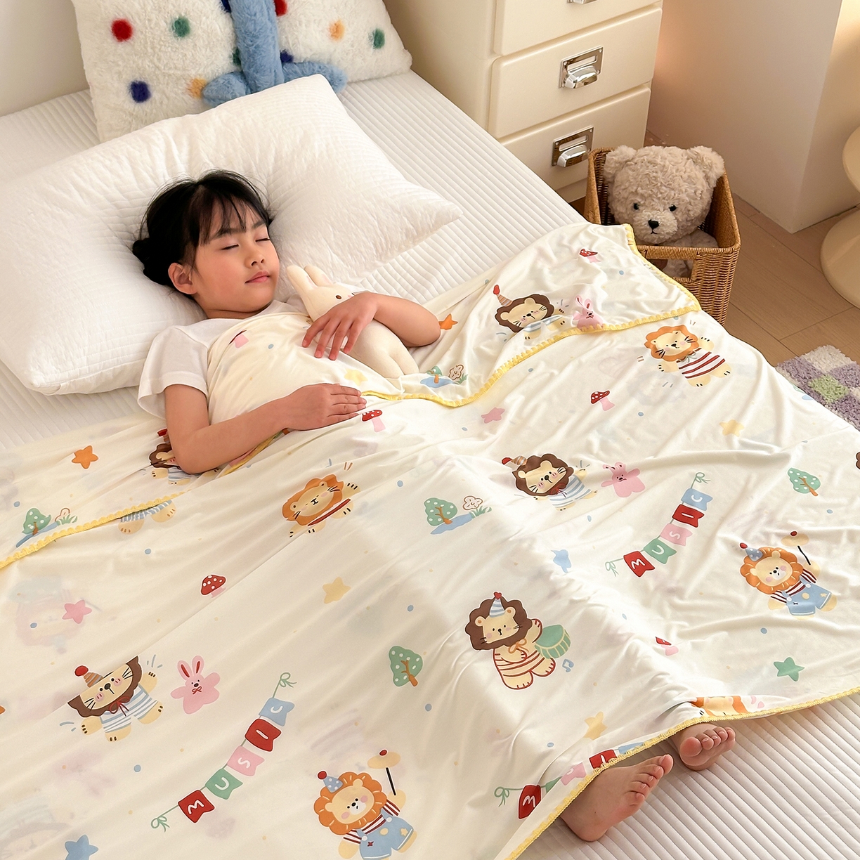嗨生活 2026新款贝壳边婴儿裸睡级凉感针织毯幼儿园夏被儿童夏被毯子盖毯午睡毯旅行毯夏凉 音乐狮子