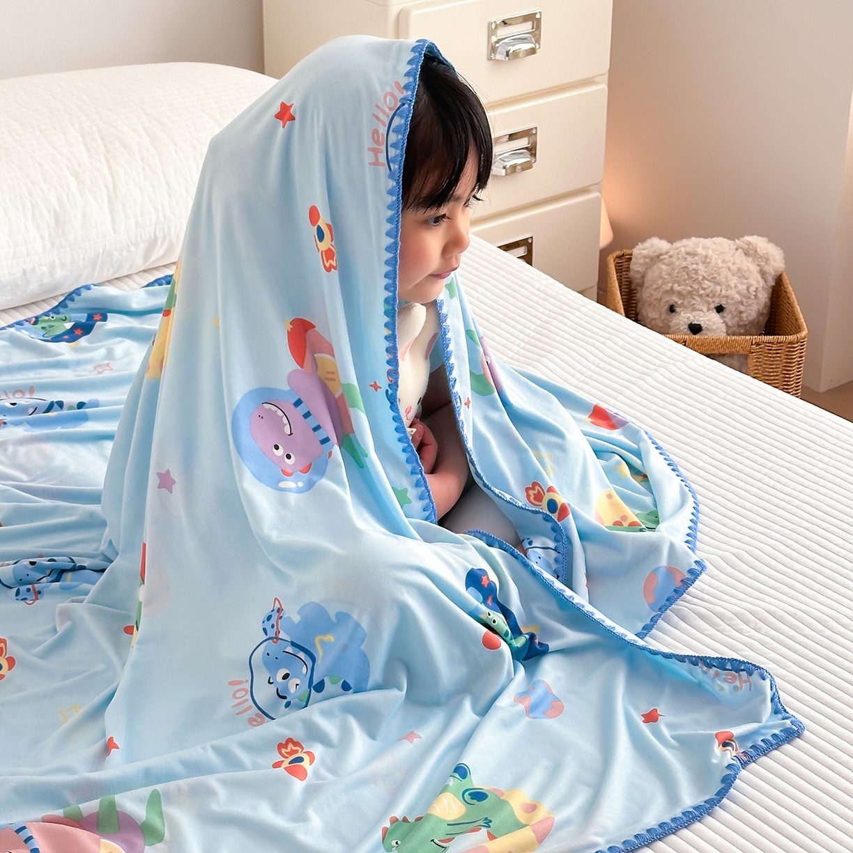 91家纺网 家纺一手货源 找家纺 嗨生活 2026新款贝壳边婴儿裸睡级凉感针织毯幼儿园夏被儿童夏被毯子盖毯午睡毯旅行毯夏凉 快乐恐龙