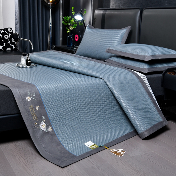 91家纺网 家纺一手货源 找家纺 小牛席业 2026新款PE冷感霸王藤系列（绣球花开刺绣款）凉席藤席冰藤席冰丝席可机洗凉感冰丝席豆豆席PE霸王藤 蓝色