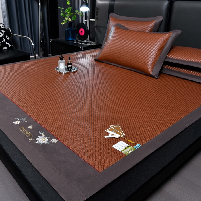 91家纺网 家纺一手货源 找家纺 小牛席业 2026新款PE冷感霸王藤系列（绣球花开刺绣款）凉席藤席冰藤席冰丝席可机洗凉感冰丝席豆豆席PE霸王藤 红棕