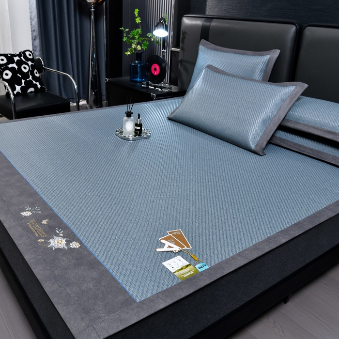 91家纺网 家纺一手货源 找家纺 小牛席业 2026新款PE冷感霸王藤系列（绣球花开刺绣款）凉席藤席冰藤席冰丝席可机洗凉感冰丝席豆豆席PE霸王藤 蓝色