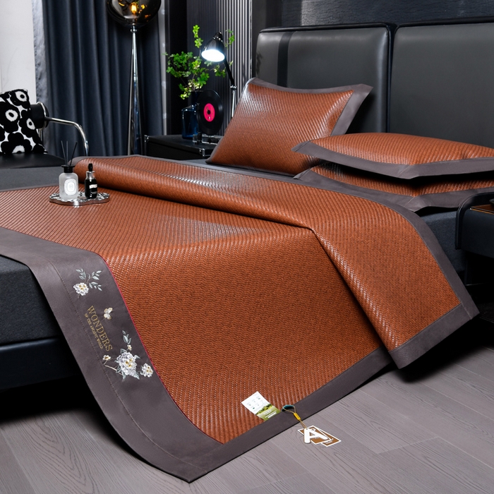 91家纺网 家纺一手货源 找家纺 小牛席业 2026新款PE冷感霸王藤系列（绣球花开刺绣款）凉席藤席冰藤席冰丝席可机洗凉感冰丝席豆豆席PE霸王藤 红棕