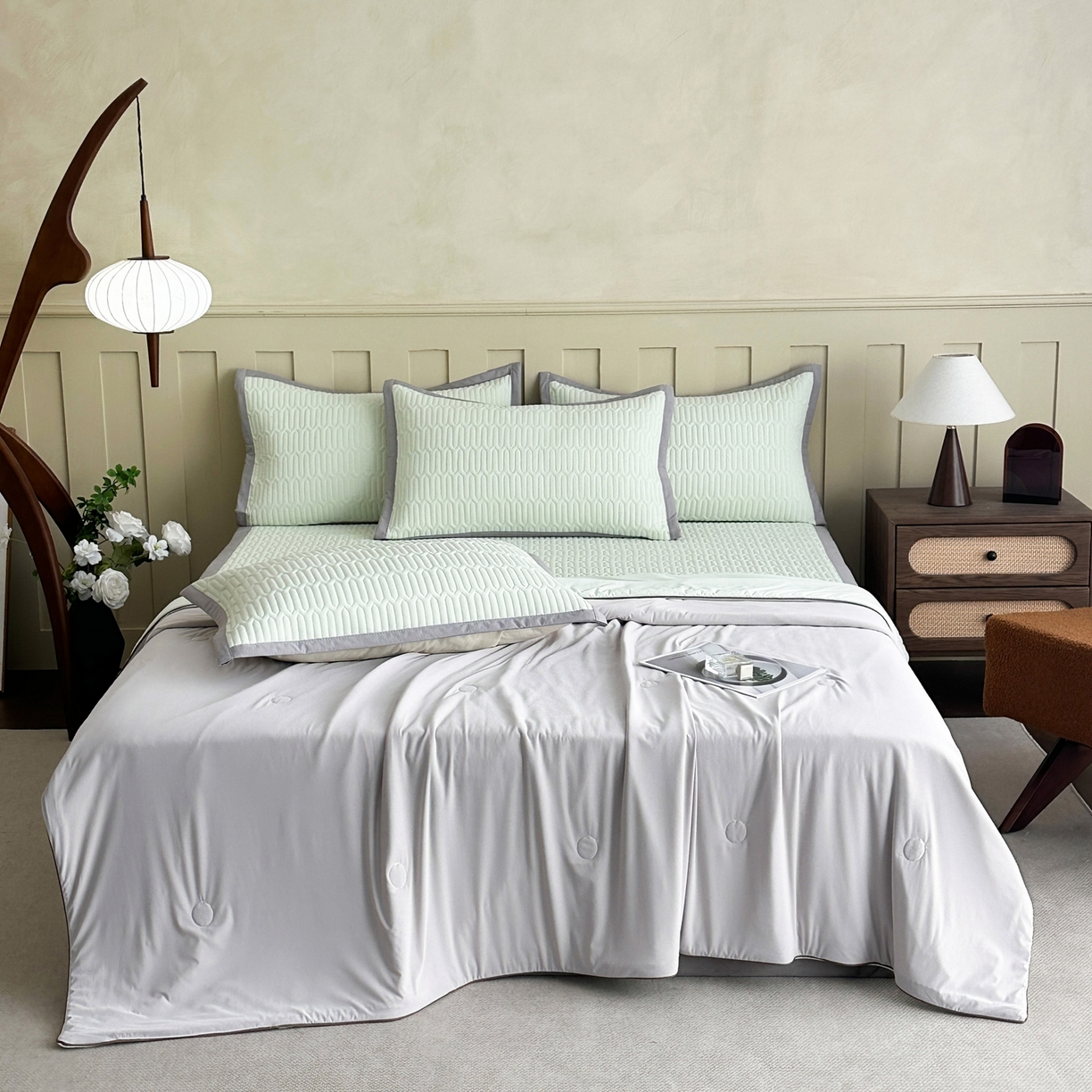 91家纺网 家纺一手货源 找家纺 幸嘉轩 2026新款凉感丝夏被床盖四件套拼色夏凉被空调被 灰+绿