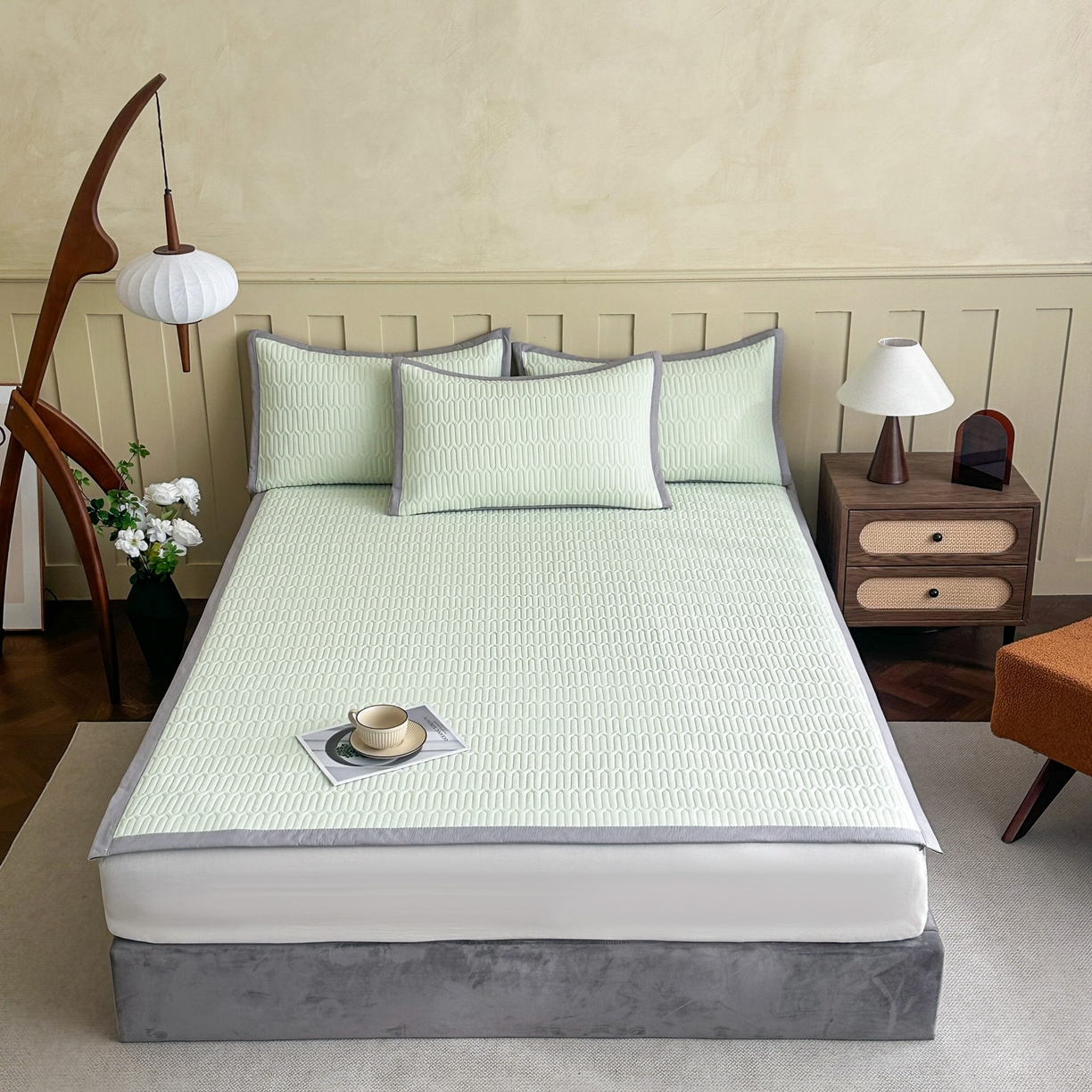 91家纺网 家纺一手货源 找家纺 幸嘉轩 2026新款凉感丝夏被床盖四件套拼色夏凉被空调被 灰+绿