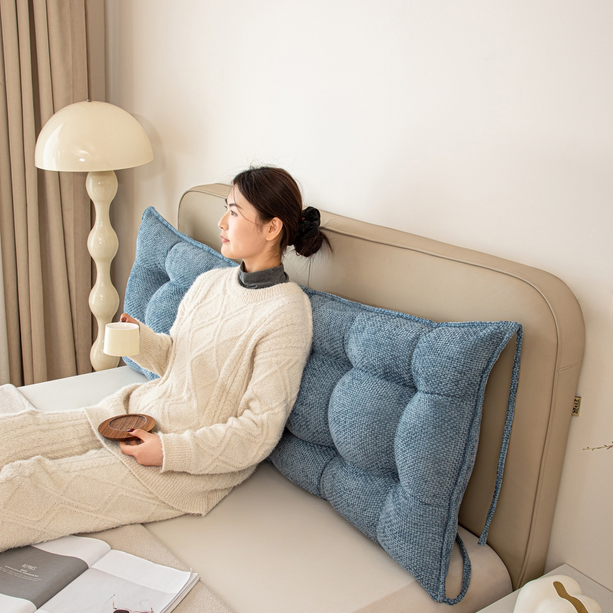 91家纺网 家纺一手货源 找家纺 沐沐家纺 2026新款简约十字绒床头靠背 孔雀蓝