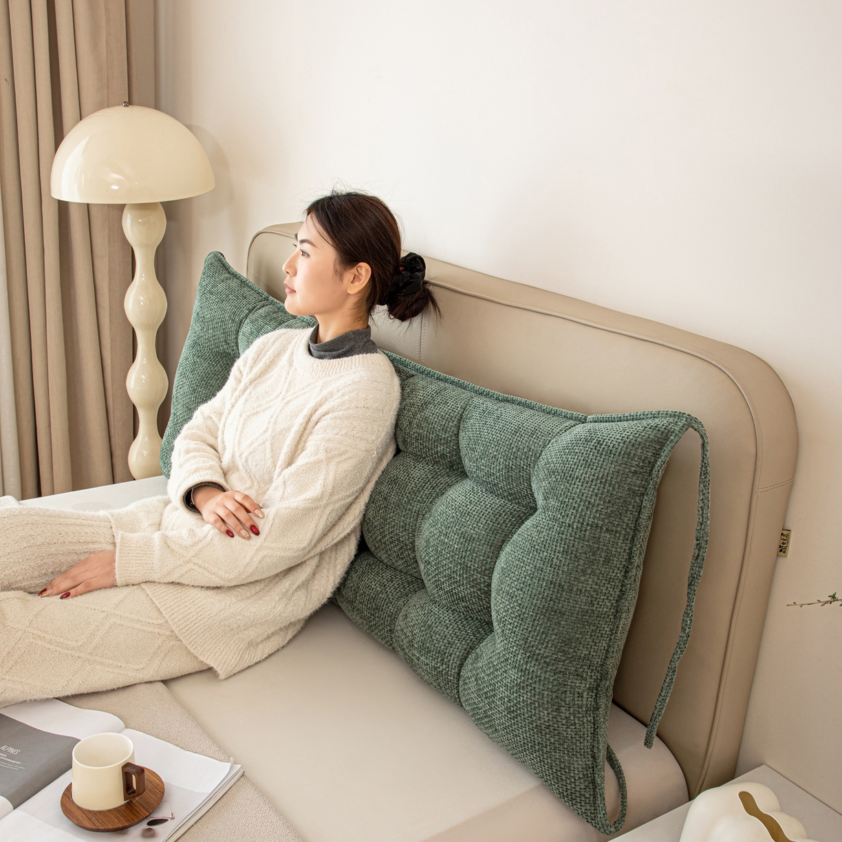 91家纺网 家纺一手货源 找家纺 沐沐家纺 2026新款简约十字绒床头靠背 墨绿