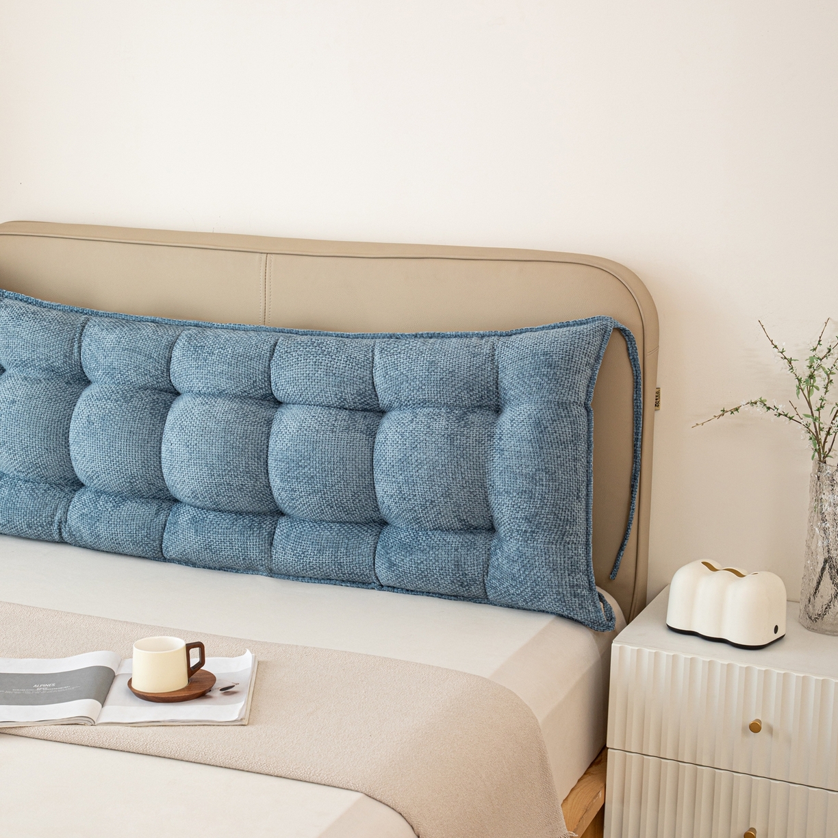 91家纺网 家纺一手货源 找家纺 沐沐家纺 2026新款简约十字绒床头靠背 孔雀蓝